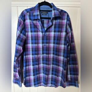 BUGATCHI Mens Size Medium Blue Purple & Grey Plaid Long Sleeve Dress Shi…